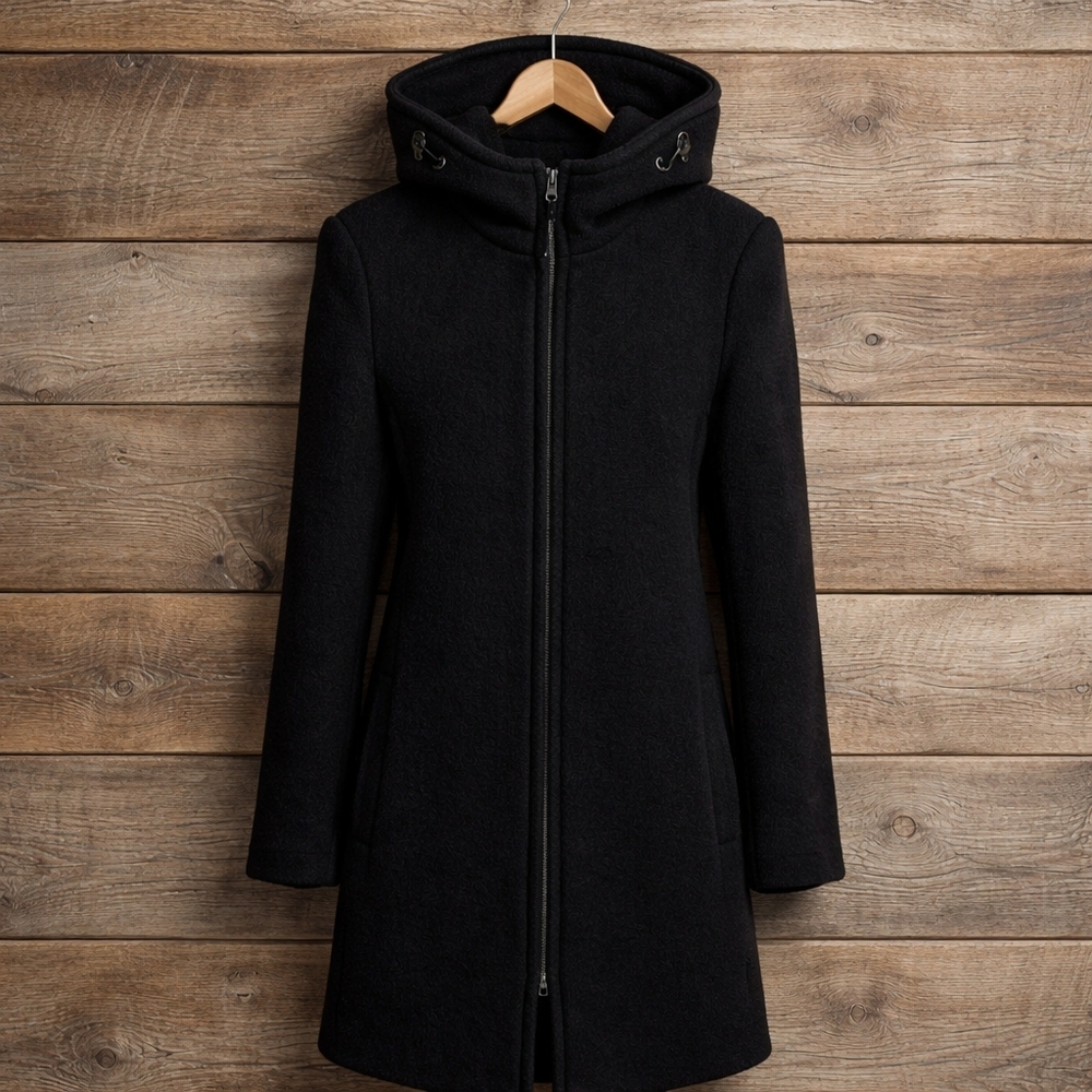 Liz Claiborne Black 100% Wool Mohair Hoodie Duffel Coat Size 6